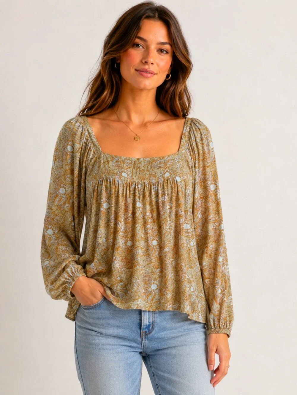Lucky Brand Mustard Floral Smocked Square-Neck Blouse - Picture 1 of 9
